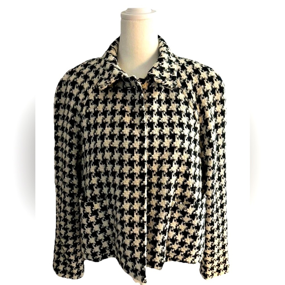 Kate Hill Women’s Petite Classic Blk/Wht Houndstooth Cropped Swing Jacket Sz 10p